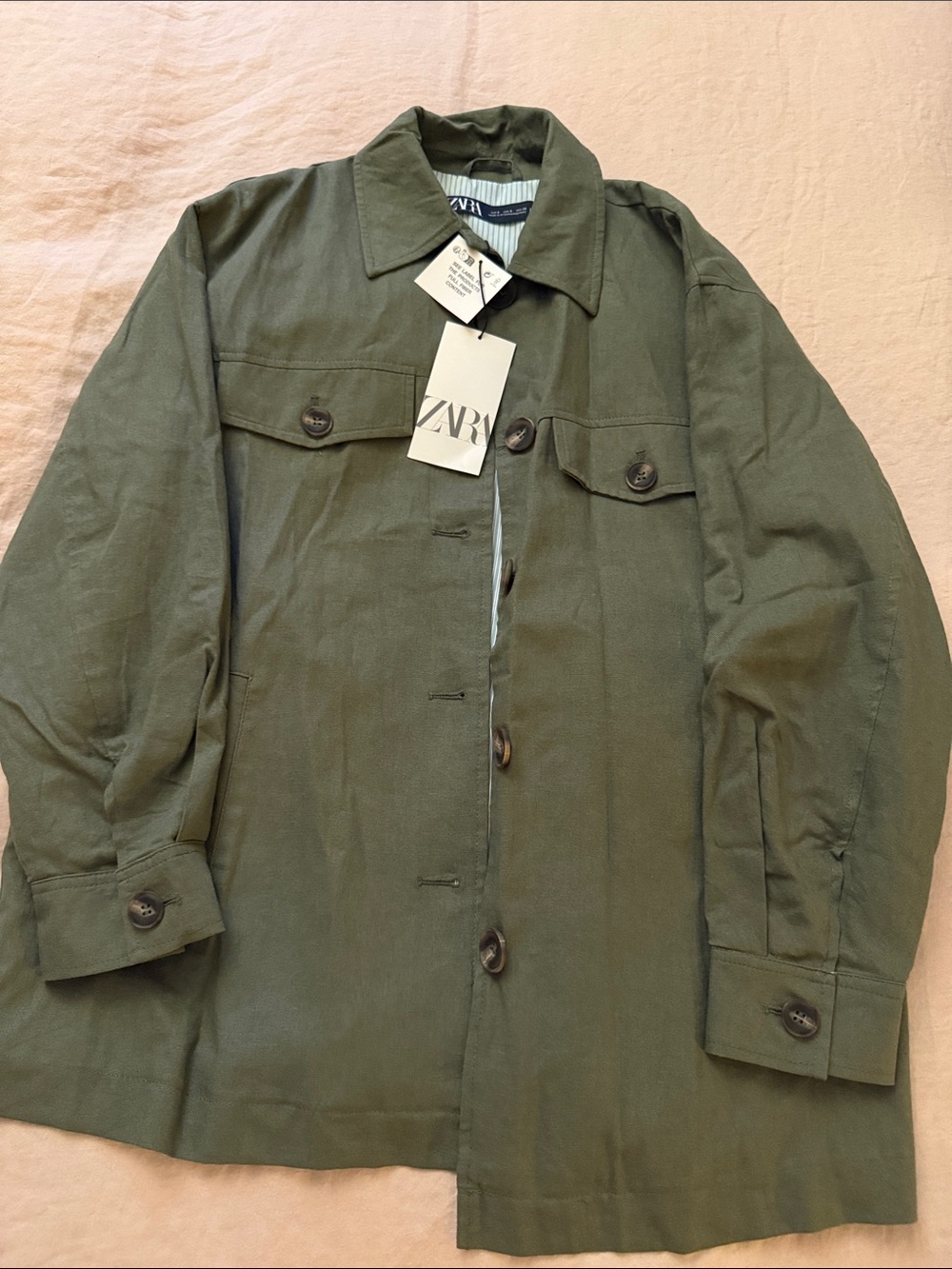 ZARA NWT  Olive Green Linen blend shirt jacket size S